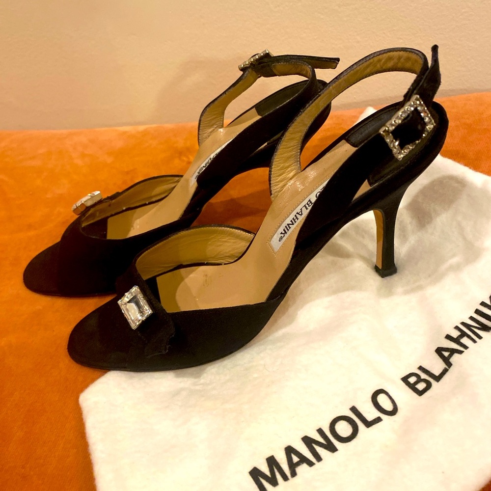 Manolo Blahnik Black Peau De Soie w/Crystal Embellishment sandals, size 37 EU.